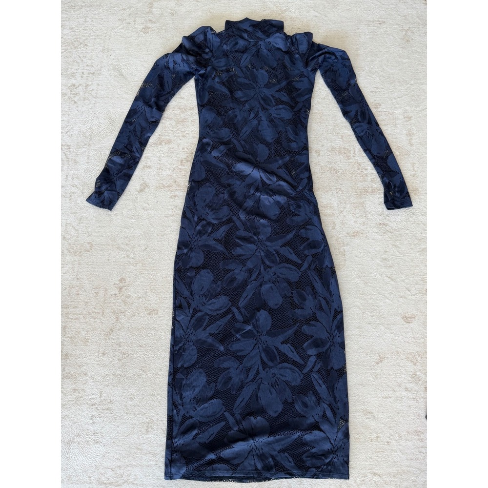 AFRM Navy Blue Floral Lace Mock Neck Long Sleeve Midi Dress Small
